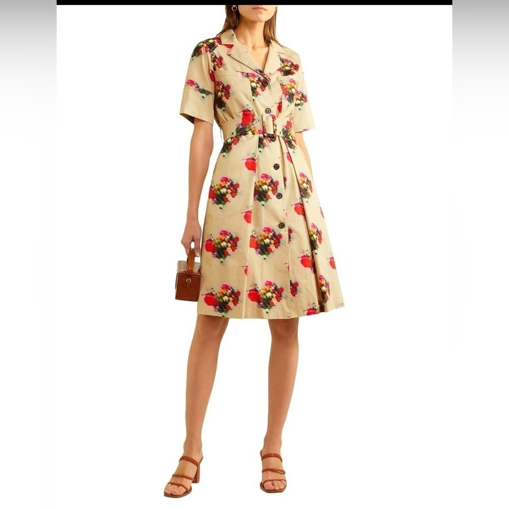 Adam Lippes Womens Beige Belted Floral Short Sleeve Collared Dress SZ 12